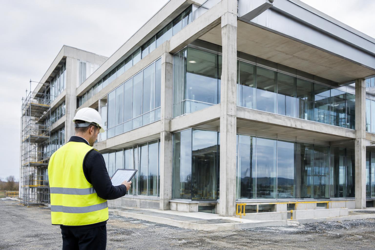 Illustrative construction scene with a site professional reviewing plans beside a concrete and glass building